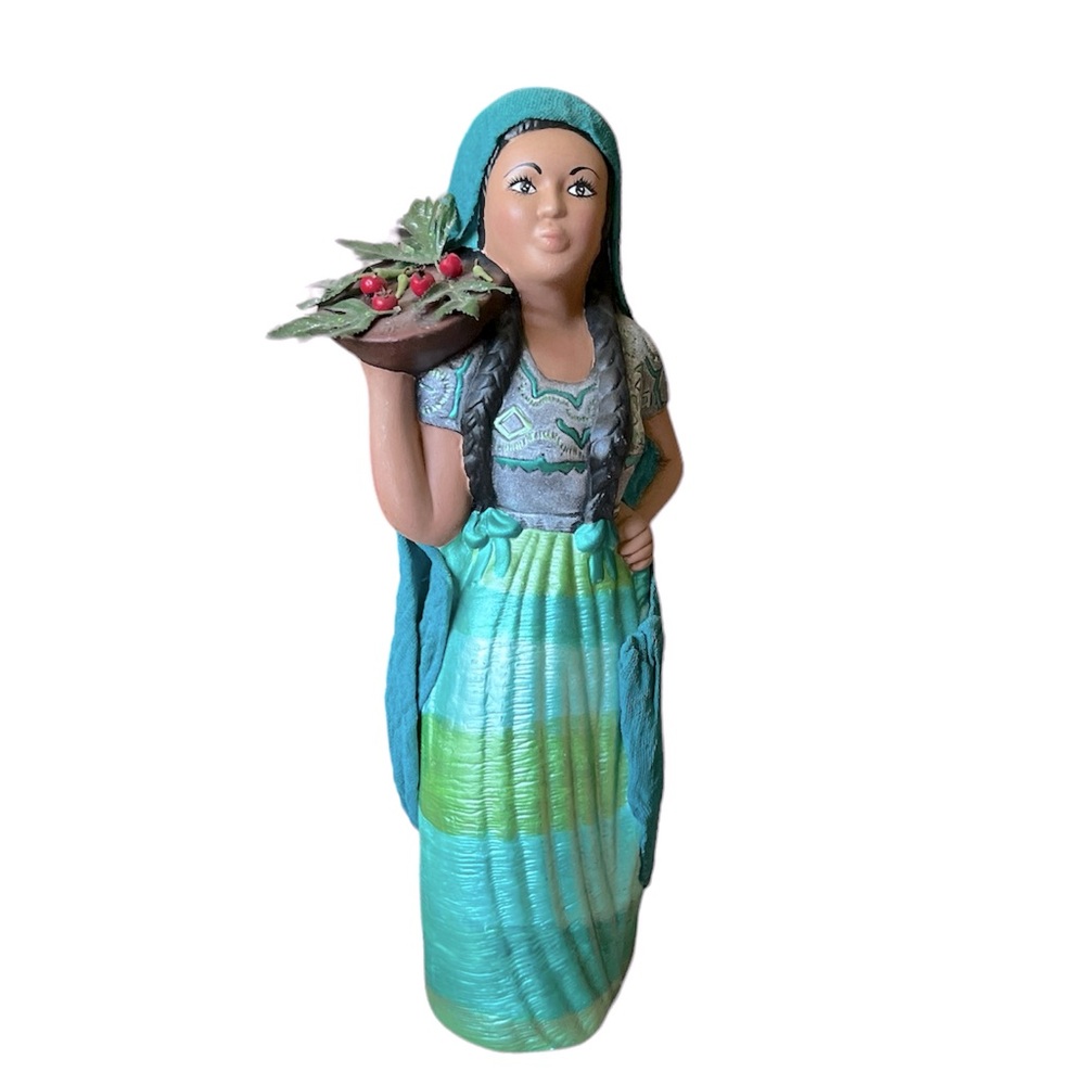 Vintage Mexican Folk Art Ceramic Woman Figurine Vegetable Vendor Radishes Tray